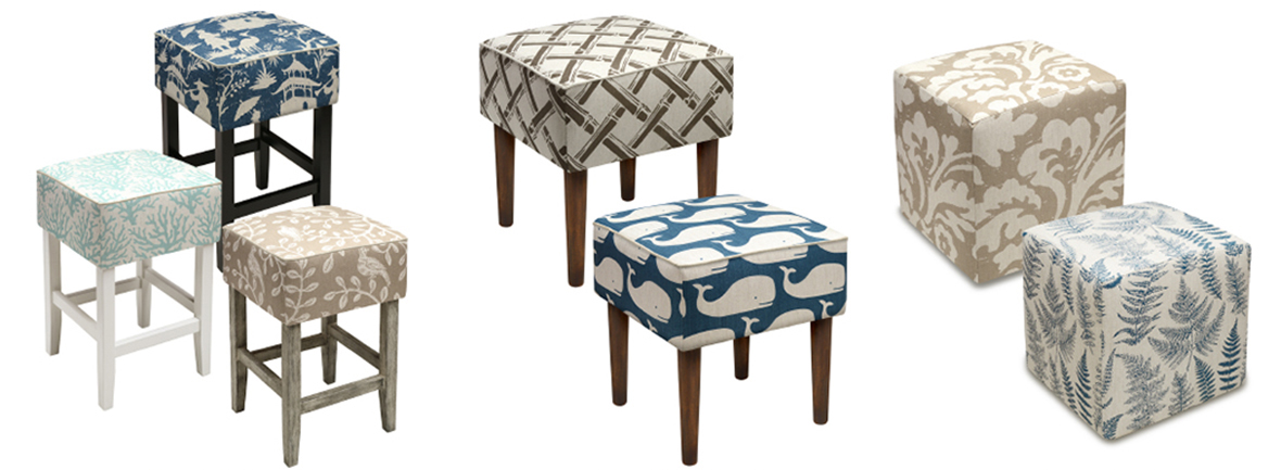 123 Creations Linen Upholstered Bar Stools & Ottomans at Sedlak Interiors